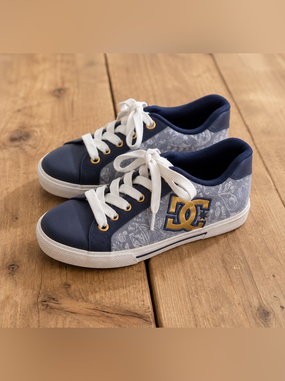 DC Kids' Blue and White Sneakers with Gold Accents